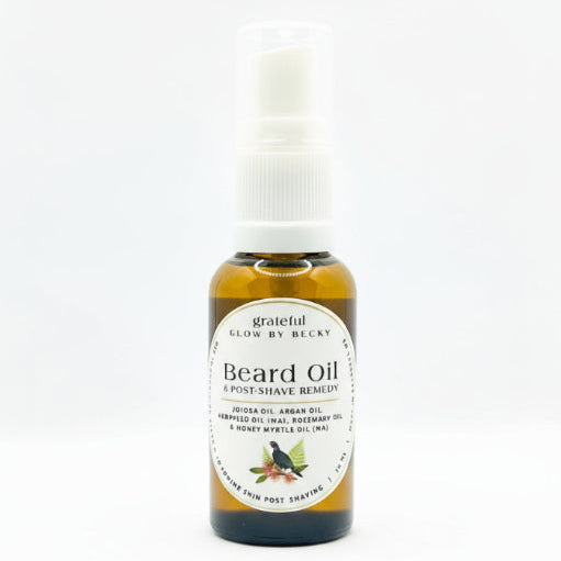Bottle of beard oil with a white label on a light gray background
