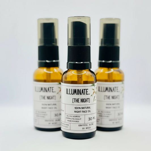 Three bottles of 'Illuminate The Night' face oil on a white background