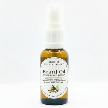Bottle of beard oil with a white label on a light gray background