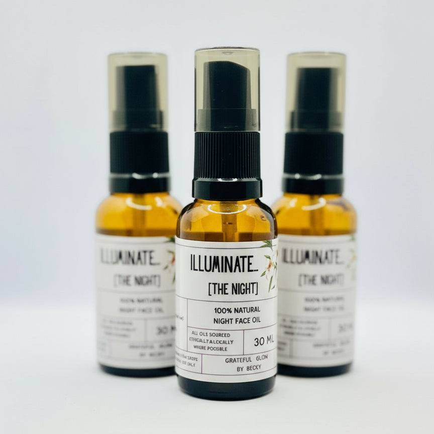 Three bottles of 'Illuminate The Night' face oil on a white background