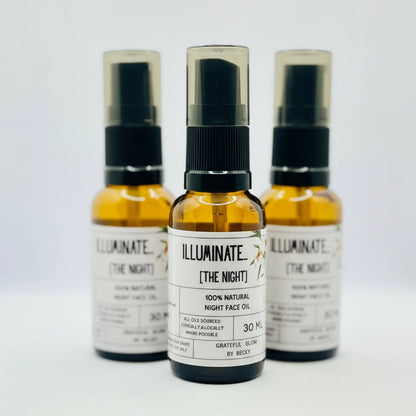 Three bottles of 'Illuminate The Night' face oil on a white background