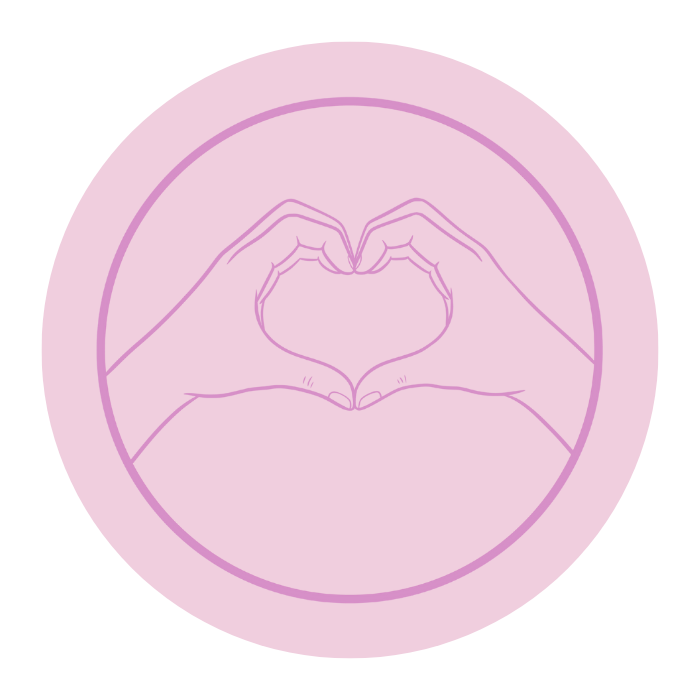 Pink circular design with a heart shape made by hands on a white background