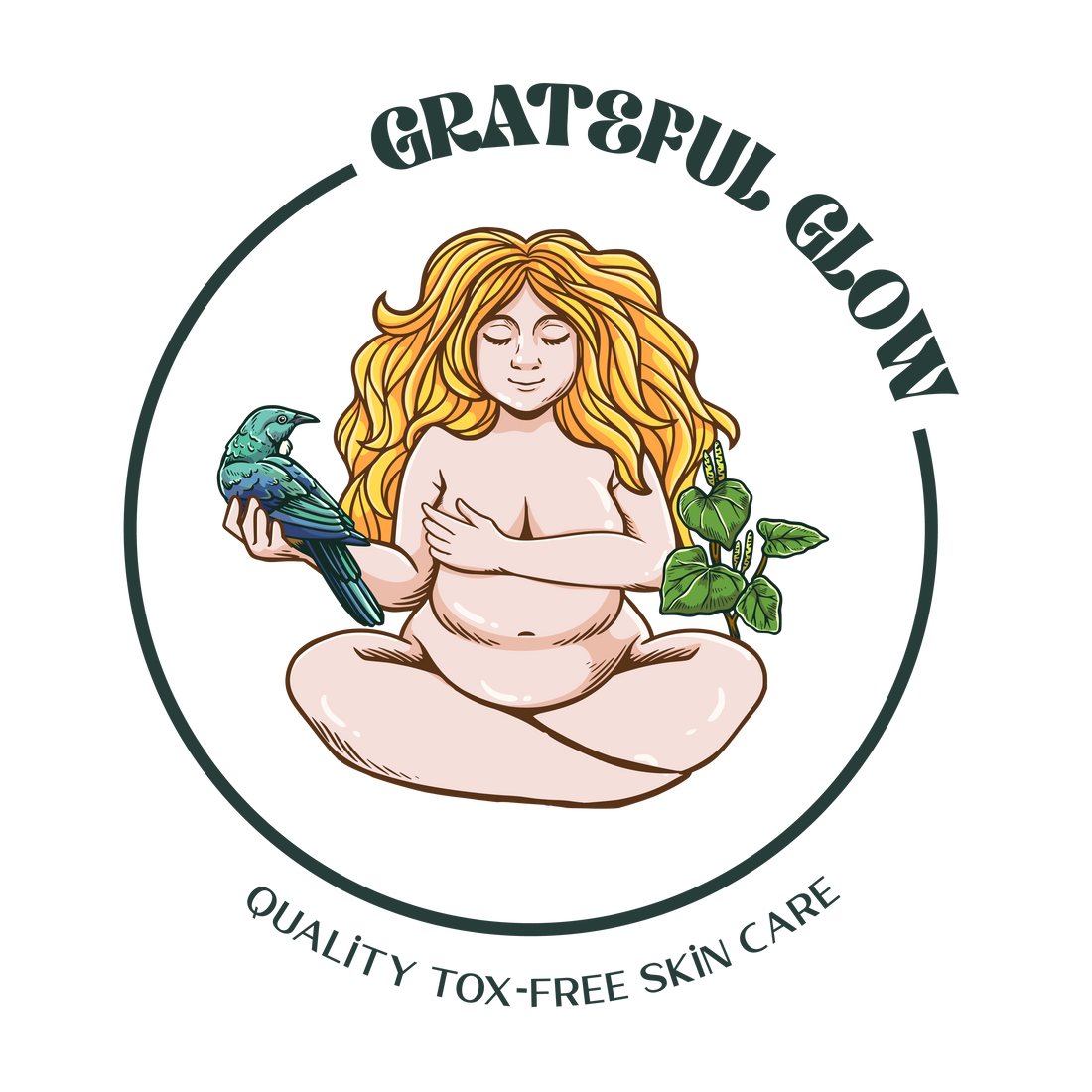 Logo of Grateful Glow with a woman holding a bird and plants, on a white background.